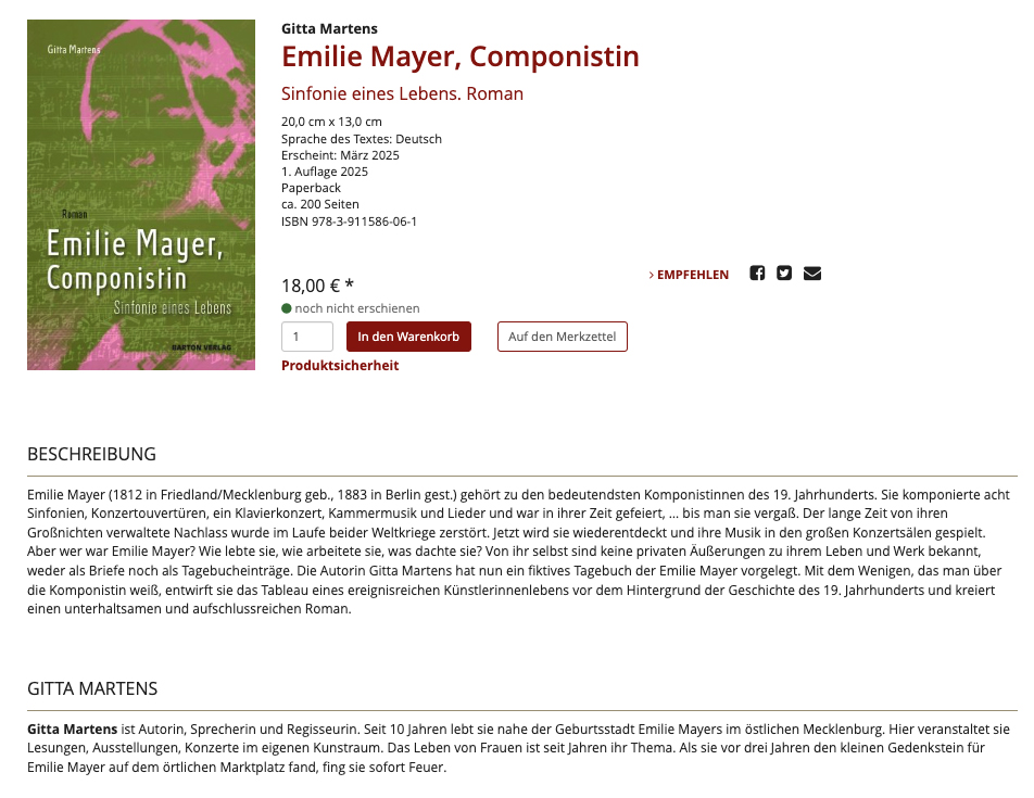 Screenshot website Emilie Mayer Buchvorstellung Gitta Martens - Emilie Mayer, Compnistin. Sinfonie eines Lebens. Roman.